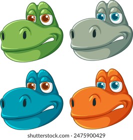 Four vibrant dinosaur heads with expressive eyes