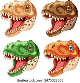 Four vibrant dinosaur heads with open mouths