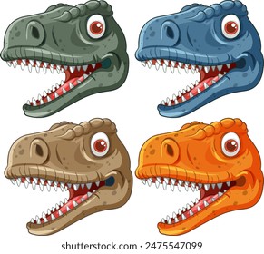 Four vibrant dinosaur heads with open mouths