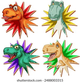 Four vibrant dinosaur heads with starburst backgrounds