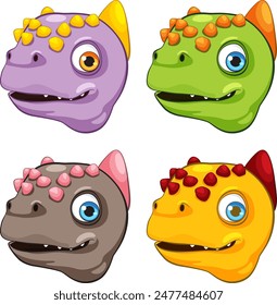 Four vibrant dinosaur heads with unique colors