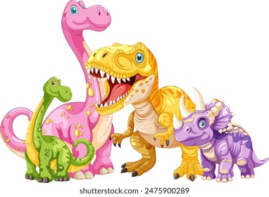 Four vibrant dinosaurs in a playful scene