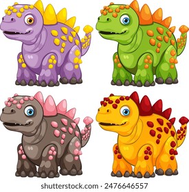 Four vibrant dinosaurs with unique colors and patterns