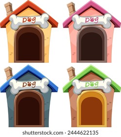 Four vibrant dog houses with bone decorations.