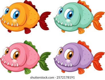 Four vibrant fish with big eyes and teeth