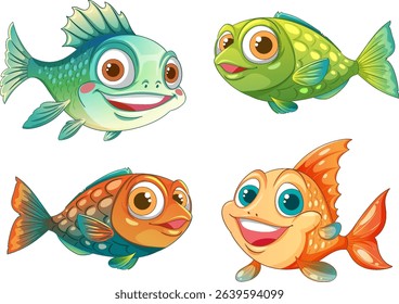 Four vibrant fish with cheerful expressions