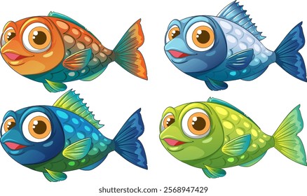 Four vibrant fish swimming together happily