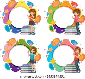 Four vibrant frames featuring children with books.