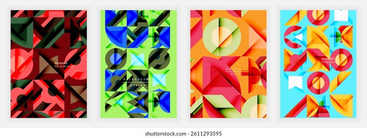 Four vibrant geometric backgrounds. Abstract shapes overlap, creating dynamic compositions. Colors include red, green, orange, blue. Modern design elements present.