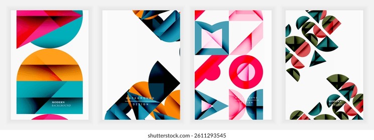 Four vibrant geometric designs. Abstract shapes overlap, creating modern backgrounds. Colors include pink, teal, orange, red, navy, plus muted tones. Minimalist aesthetic.