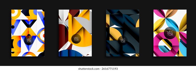 Four vibrant geometric designs. Abstract shapes, bold colors, modern style. Vector illustrations for backgrounds or flyers.