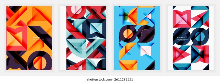 Four vibrant geometric designs. Overlapping shapes create dynamic compositions using orange, blue, red, pink hues. Modern backgrounds suggest artistic flair, visual interest.