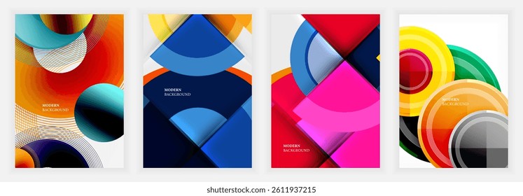 Four vibrant geometric designs. Overlapping circles, squares create dynamic compositions. Bright colors, gradients suggest modern aesthetic. Minimal text present.