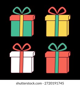 Cuatro cajas de regalo vibrantes en colores rojo, amarillo, verde y blanco con cintas a juego aisladas sobre fondo transparente