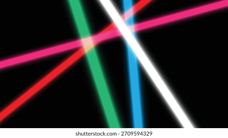  Cuatro rayos láser brillantes y vibrantes en cian, magenta, amarillo y blanco se proyectan diagonalmente sobre un fondo oscuro