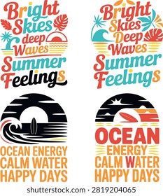 Four vibrant graphic designs feature colorful typography and oceanthemed illustrations including sunset waves palm trees and water scenes encapsulating summer feelings and relaxing ocean energy and calm waters