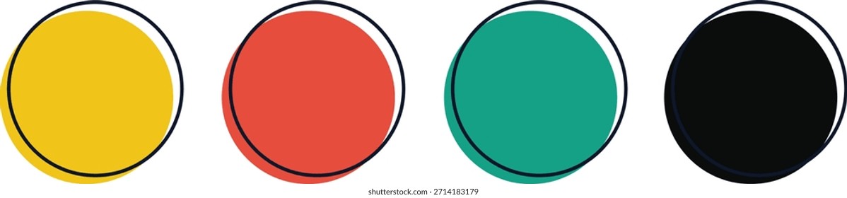 Cuatro vibrantes círculos dibujados a mano en amarillo, rojo y negro presentan contornos gruesos perfectos para Elementos de diseño modernos