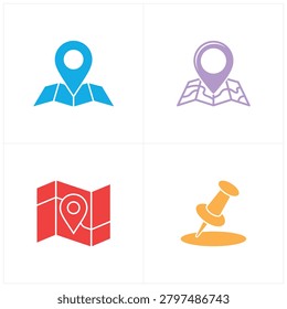 Four vibrant icons featuring map pins and location markers in blue purple red and orange colors for travel and navigation themes