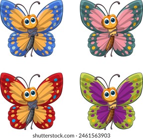 Four vibrant, illustrated butterflies with smiling faces