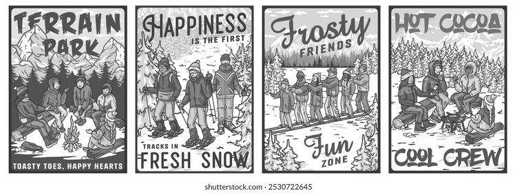 Four vibrant illustrations capturing the joy of winter activities with friends in a snowy landscape, skiing, snowshoeing, campfire, and hot cocoa