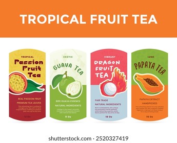 Quatro rótulos vibrantes exibem chás de frutas tropicais, destacando ingredientes naturais como maracujá, goiaba, fruta do dragão e mamão. Cada rótulo enfatiza o sabor e a frescura.