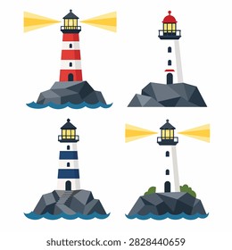 Four vibrant lighthouse illustrations on rocky pedestals with crashing ocean waves beneath