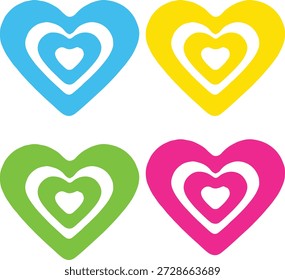 Cuatro vibrantes símbolos de corazón anidados en azul, amarillo, verde y rosa, que representan el amor, el cuidado y la emoción en un Diseño gráfico simple