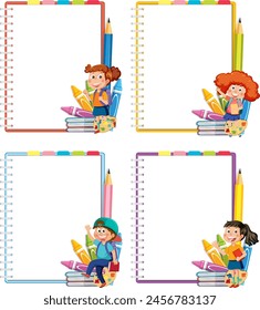 Four vibrant notebook designs with cheerful children.