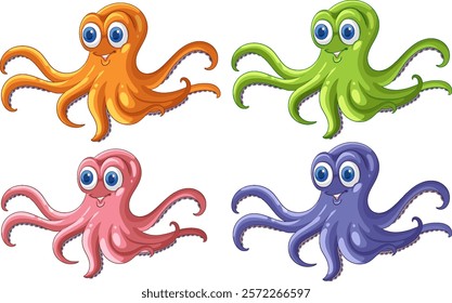 Four vibrant octopuses with cheerful expressions