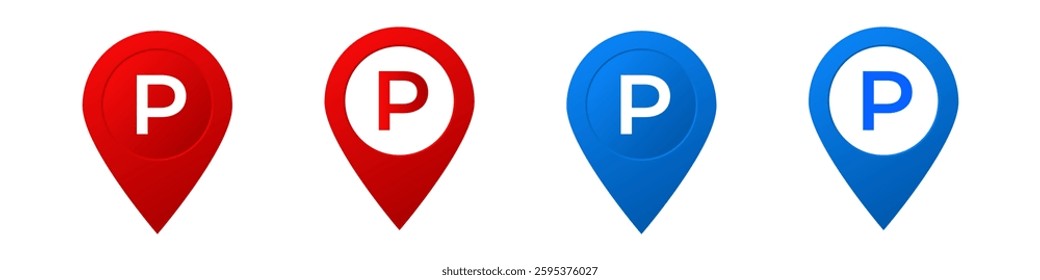 Four vibrant parking markers, two red and two blue, each with a distinct p symbol in the center.