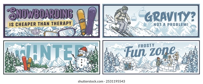 Vier lebendige Poster, die die Begeisterung des Wintersports und der Aktivitäten einfangen und die Liebhaber einladen, die Schneezeit zu genießen. Winterplakat oder -schild