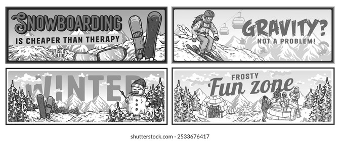 Four vibrant posters capturing the excitement of winter sports and activities, inviting enthusiasts to embrace the snowy season. Winter poster or sign