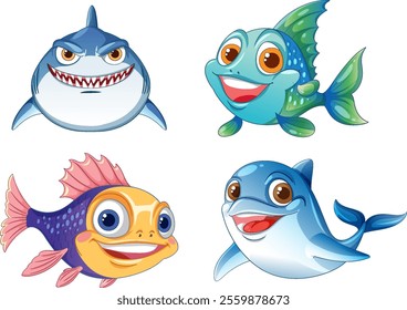 Four vibrant sea creatures with cheerful expressions