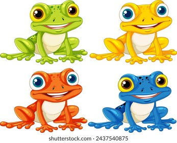 Four vibrant, smiling cartoon frogs in different colors.