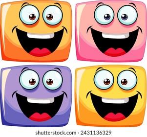 Cuatro caras vibrantes y sonrientes en una ilustración vectorial.