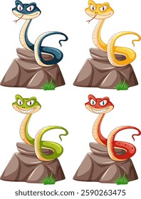 Four vibrant snakes perched on rocks, smiling