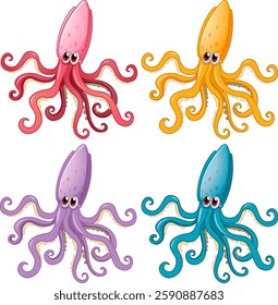 Four vibrant squids with playful expressions