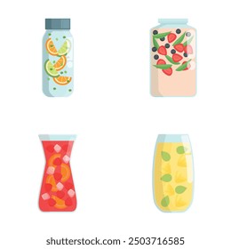 Four vibrant vector illustrations of fruitinfused water in different containers