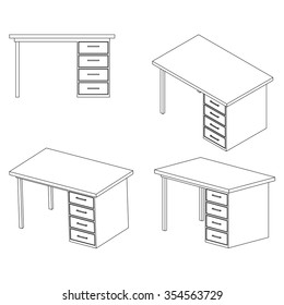 Four View of  office table made from wood.  3D vector set.