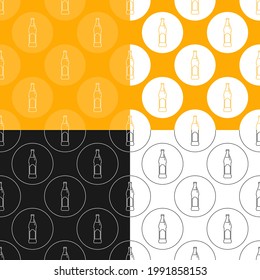 Four view seamless pattern of bottle of beer in flat style in form of thin lines. In the form of background is circle of color drinks. Wallpaper pattern beverages. Template for restaurant party.
