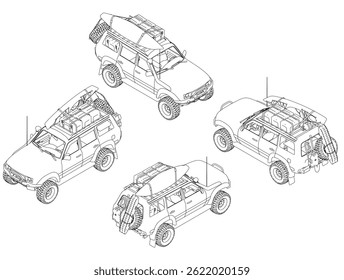 Quatro vistas desenhos do carro são mostrados em um desenho preto e branco. Os carros são todos do mesmo tamanho e têm as mesmas características, como um rack de telhado e um suporte de prancha de surfe. A cena é de aventura. Vista isométrica