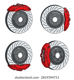 Four views of high performance car brake systems featuring red calipers and ventilated drilled brake rotors isolated on a white background