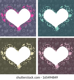 Four vinegar valentines cards. Heart frame in dark colors. Four square cards with hearts for date, wedding, st. Valentine's day.