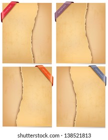 Four vintage backgrounds with ripped old paper and color ribbon tag. Vector illustration.