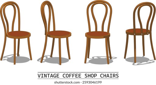 Four vintage coffee shop chairs commonly found in Singapore and Malaysia. These chairs have a distinctive design with curved wooden frames and round seats, often seen in traditional coffee shops.