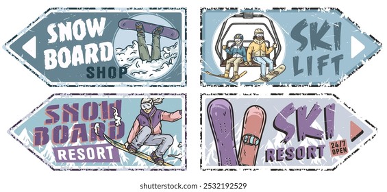 Vier Vintage-Grunge-Schilder mit Snowboardern und Skifahrern, die Wintersport auf schneebedeckten Pisten genießen. Winterplakat oder Schild für Wintersport