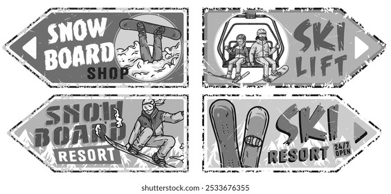 Four vintage grunge style signs featuring snowboarders and skiers enjoying winter sports on snowy slopes. Winter poster or sign for winter sport