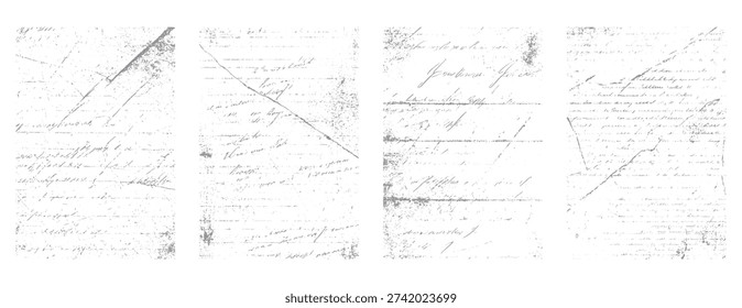 Four vintage handwritten document textures with grey ink script and distressed paper effects