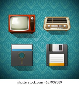 Four vintage items on blue background illustration