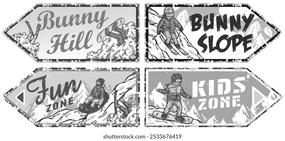 Four vintage monochrome emblems with skiers and snowboarders enjoying winter sports on snowy slopes. Winter poster or sign